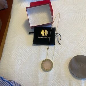 House of Harlow 1960 Gold and Rose Quartz Star long necklace.